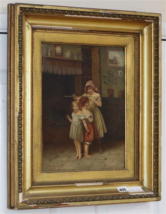 Arthur Acland Hunt (fl.1863-1902) oil on panel, Children measuring their height, signed, 36 x 27cm
